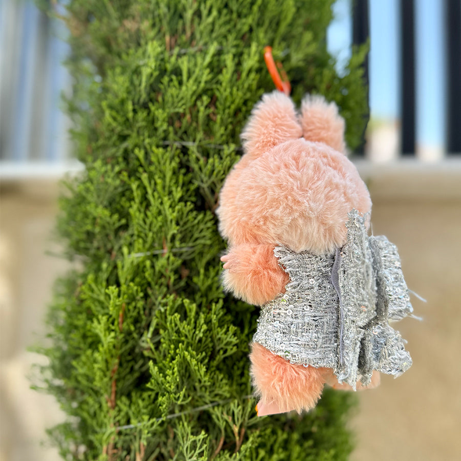 ✨ Silver Luxe Tweed Dress for Labubu – with Bow &; Brooch