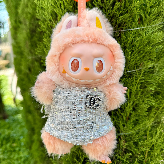 โจ Silver Luxe Tweed Dress for Labubu โ with Bow &; Brooch