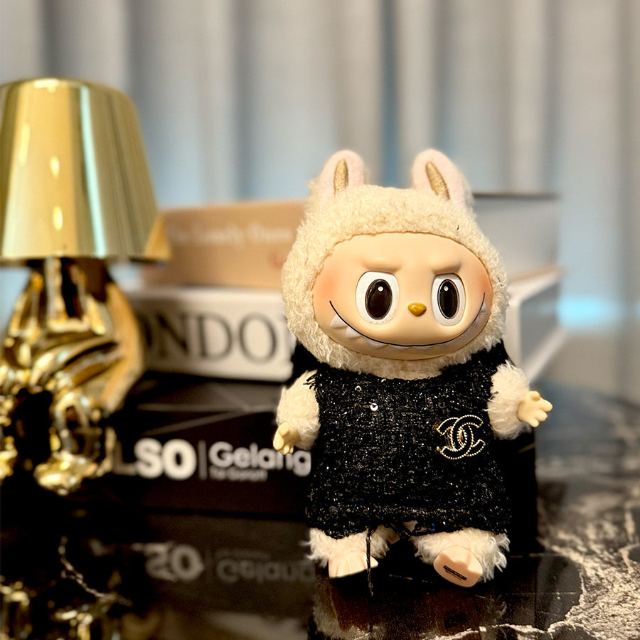 🖤 Midnight Tweed Dress for Labubu – CC Brooch & Bow Back