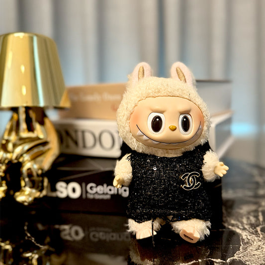 ๐ค Midnight Tweed Dress for Labubu โ CC Brooch & Bow Back