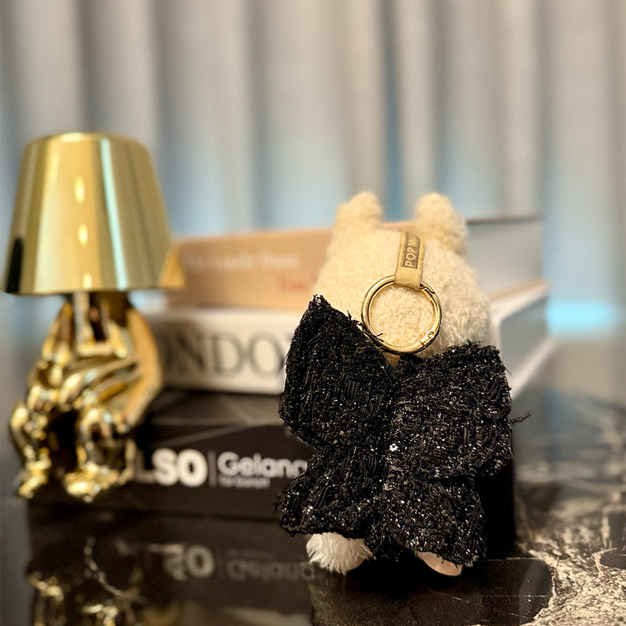 🖤 Midnight Tweed Dress for Labubu – CC Brooch & Bow Back
