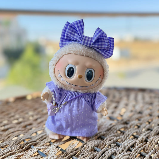 ๐ Lavender Dots Dress Set for Labubu โ Gingham Bow Edition